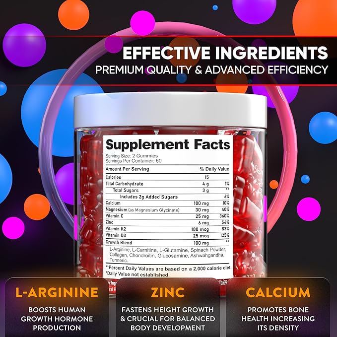 BIOTEQUELAB Height Growth Increase Gummies Vitamins, Grow Tall Supplement, Calcium, Magnesium, Zinc, Ashwagandha, Glucosamine Multivitamin for Teens, Kids, 120 Gummies