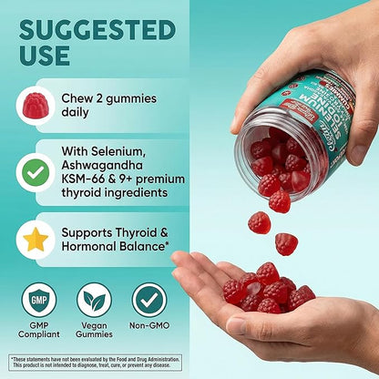 ThyroGlow Thyroid Support Gummies Selenium Iodine KSM 66 Ashwagandha L Tyrosine Vitamin D, C, B12, B6 Turmeric Blueberry Holy Basil Folate Bladderwrack By Clean Nutra