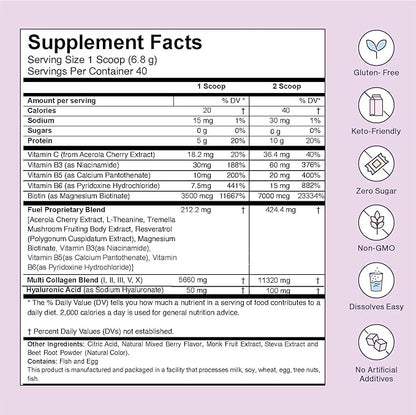 Fuel Multi Collagen Peptides Powder – 11g Hydrolyzed Collagen Types I, II, III, V & X – Hair, Skin, Nails & Joint Support – Keto & Gluten Free – Mixed Berry – 40 Servings (9.59oz)