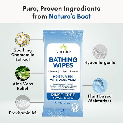 Nurture Rinse Free Bathing Wipes for Adults w/Aloe | Waterless Cleansing for Sensitive Skin | Disposable Adult Body Bath Wet Wipe for Disabled, Bedridden | 192 wipes