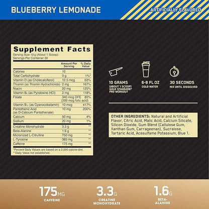 Optimum Nutrition Gold Standard Pre-Workout, Vitamin D for Immune Support, with Creatine, Beta-Alanine, and Caffeine for Energy, Keto Friendly, Blueberry Lemonade, 30 Servings, (Pack of 2)