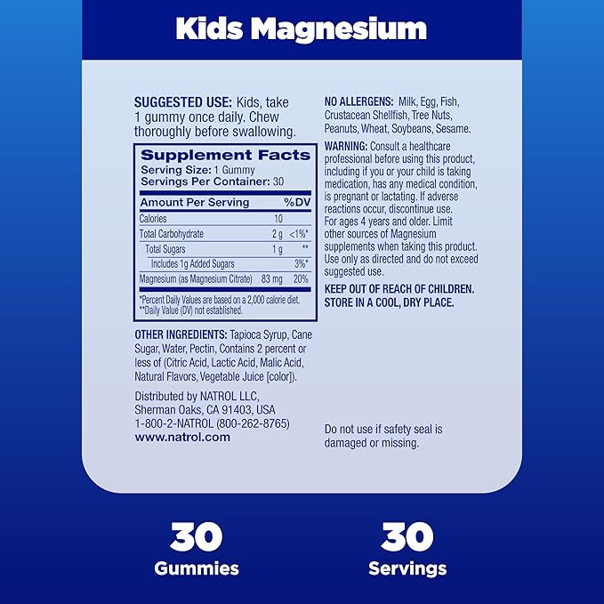 Natrol Kids Magnesium Citrate Gummies, Gently Calm & Relax Little Minds and Bodies, Plus Support Healthy Muscle Relaxation and Function, 30 Razzilicious Gummies, Up to a 30 Day Supply, (Pack of 2)