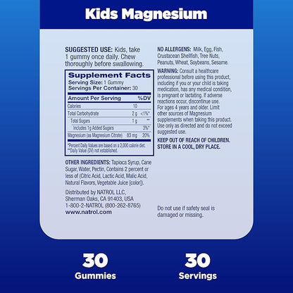 Natrol Kids Magnesium Citrate Gummies, Gently Calm & Relax Little Minds and Bodies, Plus Support Healthy Muscle Relaxation and Function, 30 Razzilicious Gummies, Up to a 30 Day Supply, (Pack of 2)