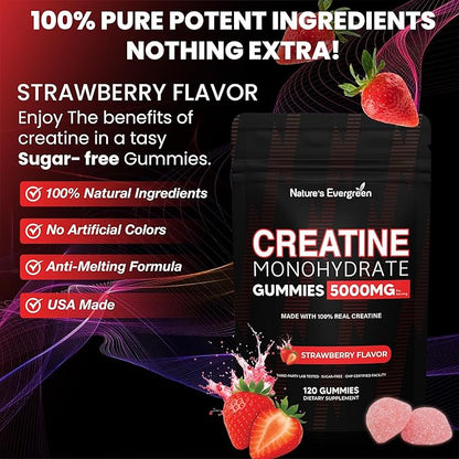 Creatine Monohydrate 5000mg Gummies, Pre-Workout 5g Creatine Gummy Supplement for Men & Women: Muscle Builder & Energy Boost, Sugar Free, Vegan, Strawberry Flavor, (120 Count) Made in USA