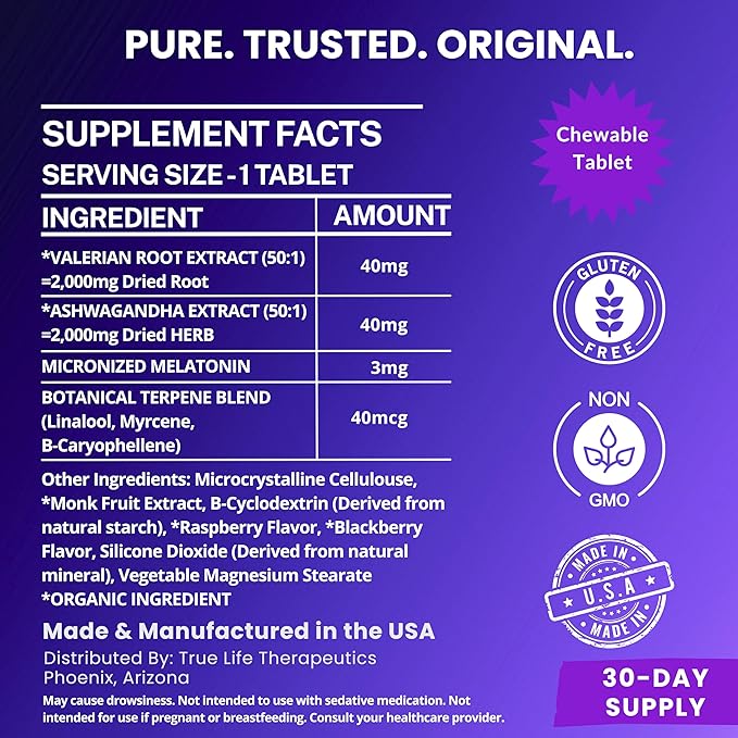 Powerful Sleep Support – Valerian Root, Ashwagandha, Melatonin & Botanical Terpenes – Fast-Acting Soft Chewable Tablets – Botanical Berry Flavor – 30ct