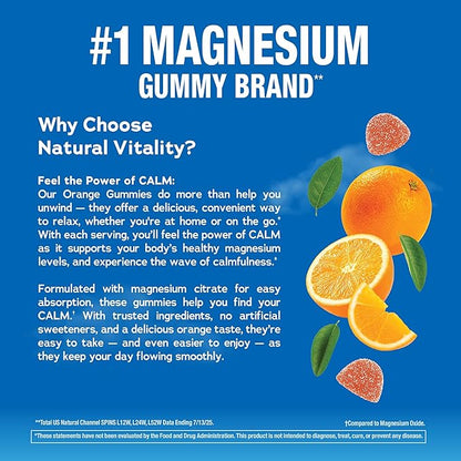 Natural Vitality Calm Magnesium Gummies | 330mg Per Serving | Orange Flavored Supplement | Gluten-Free & Vegan | 120 Count