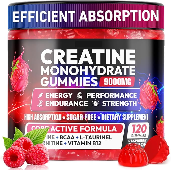 Cytona Creatine Gummies Monohydrate Complex 9000MG, Pre-Workout for Men & Women, Creatine Gummy with L-Taurine, BCAA 2:1, B12/6 for Muscle Support, Enhance Strength, Energy Boost-120 Count
