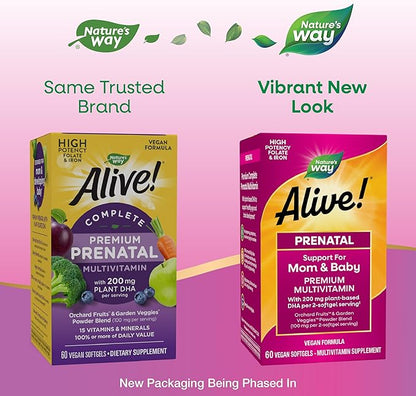 Nature's Way Alive! Complete Premium Prenatal Multivitamins for Women, Healthy Eye and Brain Development*, 60 Vegan Softgels