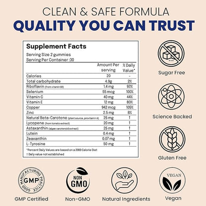 Triple Action Tanning Gummies - Full Spectrum Formula with Astaxanthin, Beta Carotene, Lycopene, Lutein & Zeaxanthin for Skin Radiance, Vitality, Hydration and Defence - Sugar Free (60 Count)