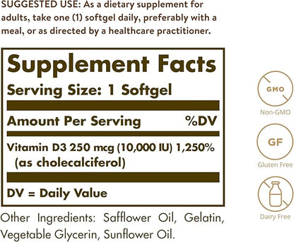 Solgar Vitamin D3 Cholecalciferol 250 MCG 10000 IU Softgels Helps Maintain Healthy Bones Teeth Immune System Support Non-GMO Gluten, Dairy Free Servings, 180 Count