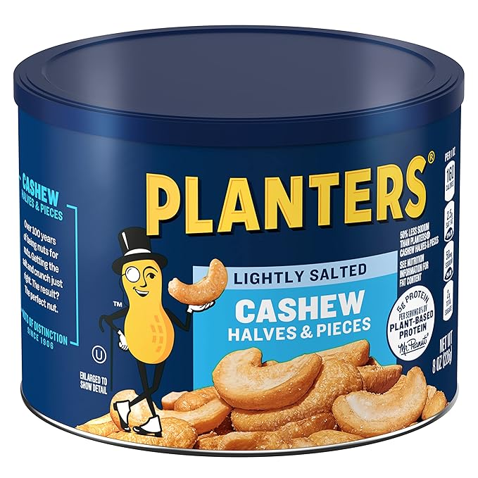 PLANTERS Lightly Salted Cashews, Cashew Halves & Pieces, Plant-Based Protein, 8 Oz Canister, Great Party Snack (Pack of 2)