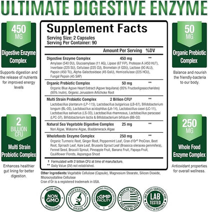Purely Optimal Digestive Enzymes for Women and Men – Multi-Enzyme Supplement for Bloating Relief, Digestion and Heavy Meal Support – with Probiotics and Prebiotics for Gut Health – 180 Capsules