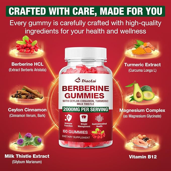 Berberine Gummies 2000mg - Natural Organic Berberine HCL Supplement - Vegan, Non-GMO, Gluten-Free - Delicious Raspberry Flavor - 120 Count