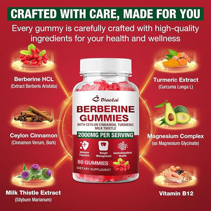 Berberine Gummies 2000mg - Natural Organic Berberine HCL Supplement - Vegan, Non-GMO, Gluten-Free - Delicious Raspberry Flavor - 60 Count