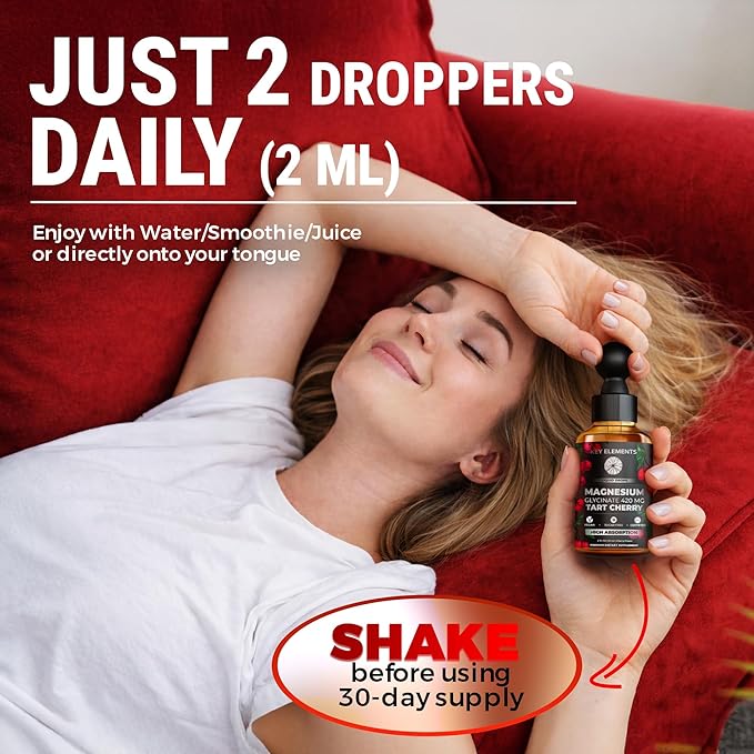 Liquid Magnesium Glycinate 420 Mg with Natural Tart Cherry Extract | Magnesium Glycinate Drops Supplement for Sleep, Mood & Mobility Support | Tart Cherry Extract