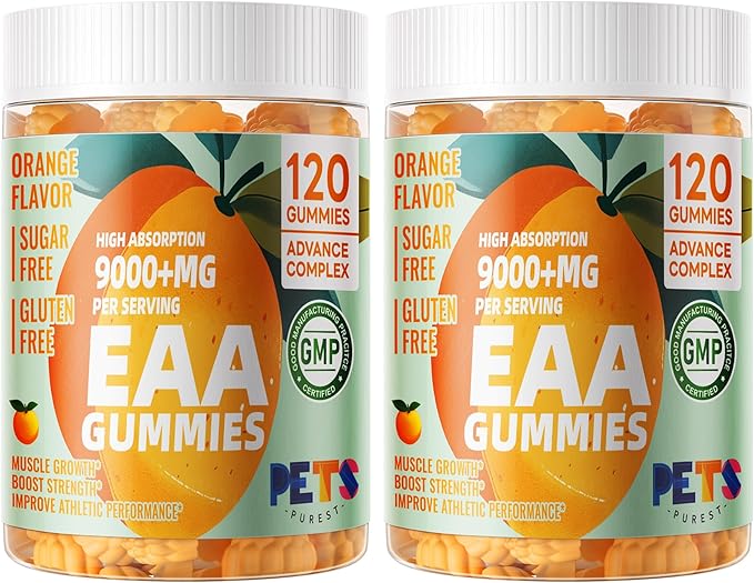 Pets Purest EAA Gummies 120 Gummies (Orange), Essential Amino Acids - All 9 Essential Aminos (EAA) and All Branched-Chain Aminos (BCAAs), Non-GMO, Gluten Free, Vegetarian Friendly
