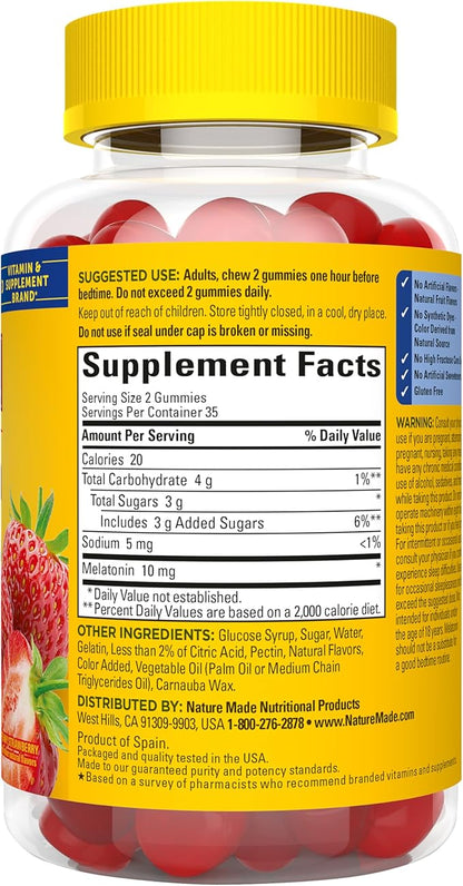 Nature Made Melatonin 10mg per serving Gummies for Adults, Maximum Strength Dosage Sleep Aid, 100% Drug Free, 70 Count Melatonin Gummies, 35 Day Supply