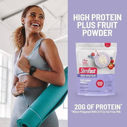 SlimFast High Protein Smoothie Mix Plus Fruit Powder, High Protein Meal Replacement Powder, Fiber, Vitamin C, 21 Servings, 1.29 Pounds, Triple Berry Vanilla (Packaging May Vary)