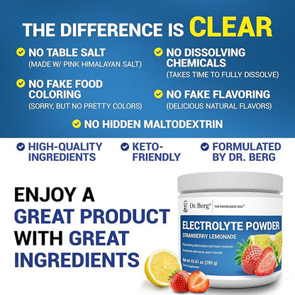 Dr. Berg Zero Sugar Hydration Keto Electrolyte Powder - Enhanced w/ 1000 mg of Potassium & Real Pink Himalayan Salt (NOT Table Salt) - Strawberry Lemonade Hydration Drink Supplement - 50 Servings