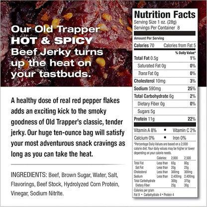 Old Trapper Beef Jerky, Hot & Spicy 8 Ounce Individual Pack, Tender and Spicy Meat Snacks for Lunches or Between Meals, 11 Grams of Protein and 70 Calories per Serving (Pack of One)