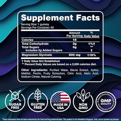 Magnesium Glycinate Gummies for Adults 500mg - Chewable Magnesium Glycinate for Kids Sleep, Glicinato De Magnesio para Mujeres, 60 Count