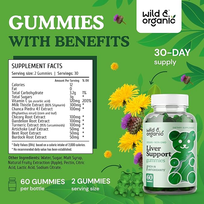 Wild & Organic Liver Support Gummies - Milk Thistle, Dandelion Root Extract for Liver Cleanse Detox - 60 Silymarin Milk Thistle Gummies - Vegan, Non-GMO Herbal Supplement.