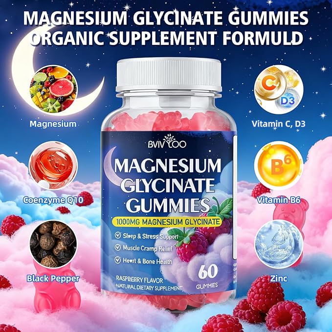Magnesium Glycinate Gummies 1000mg with L-Threonate, Vitamin D, B6 & CoQ10 - Supports Memory, Calm & Mood - Sugar-Free Raspberry Flavor - 120 Count