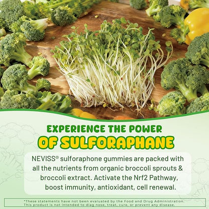 Liposomal Sulforaphane Gummies from Organic Broccoli Sprouts with Superfood, Beta Glucans, Myrosinase, White Mustard For Kids 4+ & Adults Immune, Cell Health, Antioxidants, Vegan, Sugar Free, 120cts