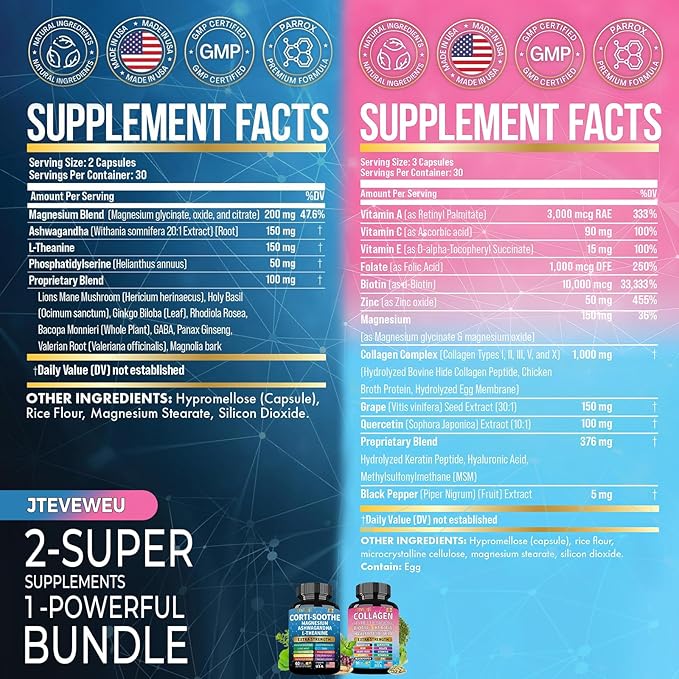 Shining Serenity Set, Cortisol Support with Ashwagandha, L-Theanine, Magnesium, Lions Mane, GABA, Bacopa Monnieri, Collagen Biotin, Keratin, Hyaluronic Acid, Quercetin