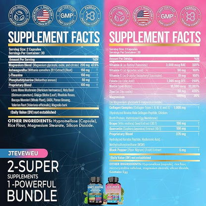 Shining Serenity Set, Cortisol Support with Ashwagandha, L-Theanine, Magnesium, Lions Mane, GABA, Bacopa Monnieri, Collagen Biotin, Keratin, Hyaluronic Acid, Quercetin