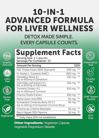 Lunakai USA Made Liver Cleanse Detox & Repair - 10-in-1 with Milk Thistle & NAC – Liver Support Supplement Capsules for Men & Women, Daily Health, Non-GMO, 60ct