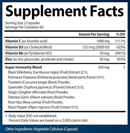 Immune Support Supplement 12 in 1 Complex with Vitamin C, D3, Zinc, Echinacea, Elderberry, Ginger, Turmeric. Immune Defend for Men & Women, Non-GMO, Gluten-Free, Vegan, USA (120 Capsules)