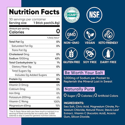 Venture Pal High Sodium Sugar-Free Electrolyte Powder Packets - Hydration Packets with Sodium, Potassium & Magnesium | Zero Calories | Vegan, Keto, and Paleo Friendly | 30 Sticks