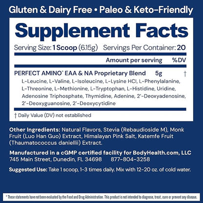 BodyHealth PerfectAmino - BCAA and EAA Powder for Pre and Post Workout - Amino Acid Energy Drink for Men and Women to Support Lean Muscle and Recovery - Chocolate - 20 Servings