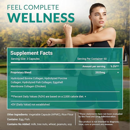 Multi Collagen 180 Protein Capsules - Type I, II, III, V, X Collagen Pills - Proprietary Blend of Eggshell, Chicken, Wild Fish & Grass-Fed Beef Collagen Peptides - 2025mg per serv
