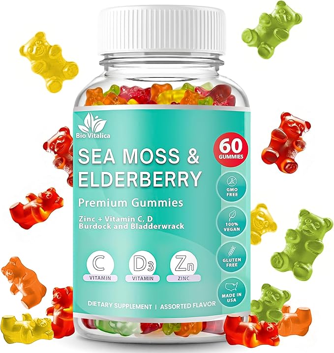 BIO VITALICA Irish Sea Moss Gummies with Elderberry – USA Made Vegan Gummies with Vitamin C, D & Zinc – Immune Support Supplement with Bladderwrack & Burdock Root for Adults & Kids – 60 Count