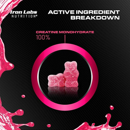 Iron Labs Nutrition Creatine Monohydrate Gummies (180 Gummy Bears) - 3600mg Per Serving - LAB Tested - Strawberry Flavor - High Strength Creatina for Men & Women (180 Vegan Gummys)