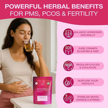 Organic Hormone Balance Tea for Women – Raspberry Leaf Tea with Fenugreek, Tulsi & Black Cohosh – Herbal Hormone Balance tea for PMS (Cramps, Mood, Bloating), Menstrual Cycle & Perimenopause Support