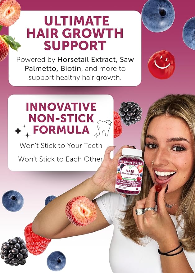 Lunakai USA Made Super Hair Gummies with Biotin, Zinc, Horsetail Extract & Saw Palmetto - Hair Growth Vitamins for Women & Men – Supports Thicker, Longer, Stronger Tresses, Skin & Nails - 3 Pack