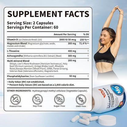 VEV DeepCalm Magnesium Complex for Women – 15-in-1 Glycinate & Citrate Capsules with Ashwagandha & L-Theanine – 120 Vegan Capsules