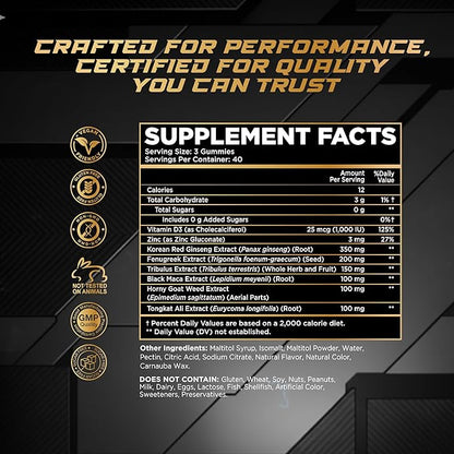 Testosterone Booster Gummies for Men - Enhancement Chews to Boost Testosterone for Energy Stamina Performance & Workout Support - Male Health Enhancing Supplement for Libido & Muscle Growth