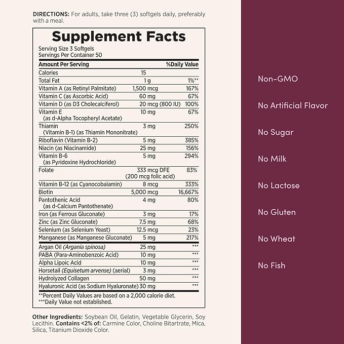 Nature's Bounty Advanced Hair, Skin & Nails, Argan-Infused Vitamin Supplement with Biotin and Hyaluronic Acid, 150 Rapid Release Softgels, 50 Total Servings
