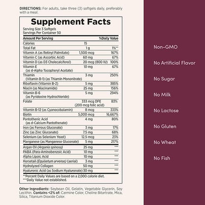 Nature's Bounty Advanced Hair, Skin & Nails, Argan-Infused Vitamin Supplement with Biotin and Hyaluronic Acid, 150 Rapid Release Softgels, 50 Total Servings