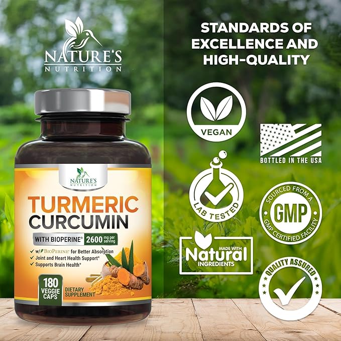 Turmeric Curcumin Supplement - 2400mg Organic Turmeric Per Serving - 95% Curcuminoids & BioPerine Black Pepper Extract for Best Absorption - Natural Vegan Joint Support, Bottled in USA - 180 Capsules