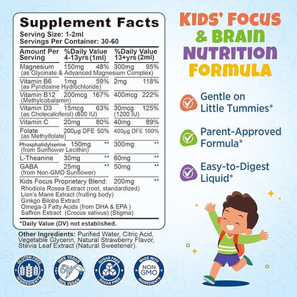 Kids Focus and Attention Supplements with Phosphatidylserine, L-Theanine, Omega-3 & Magnesium Glycinate - Kids Brain Vitamins Liquid Drops - Supports Concentration, Memory, Sleep & Mood, Strawberry