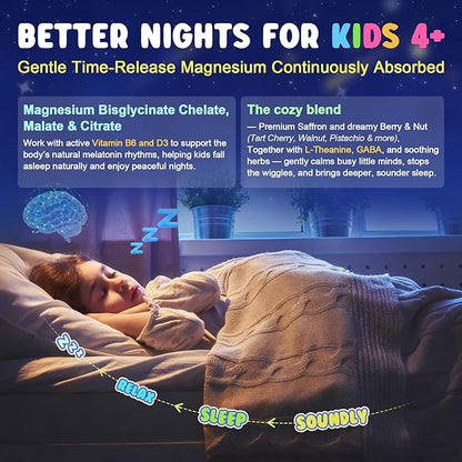 Kids Sleep Gummies NO Melatonin - Triple Magnesium Glycinate + Saffron, GABA, Berry & Nut Superfood Gummies, Sugar Free Nighttime Sleep Aid & Calm for Kids 4+ Teens, Relaxation, Brain & Muscle, 2Pack