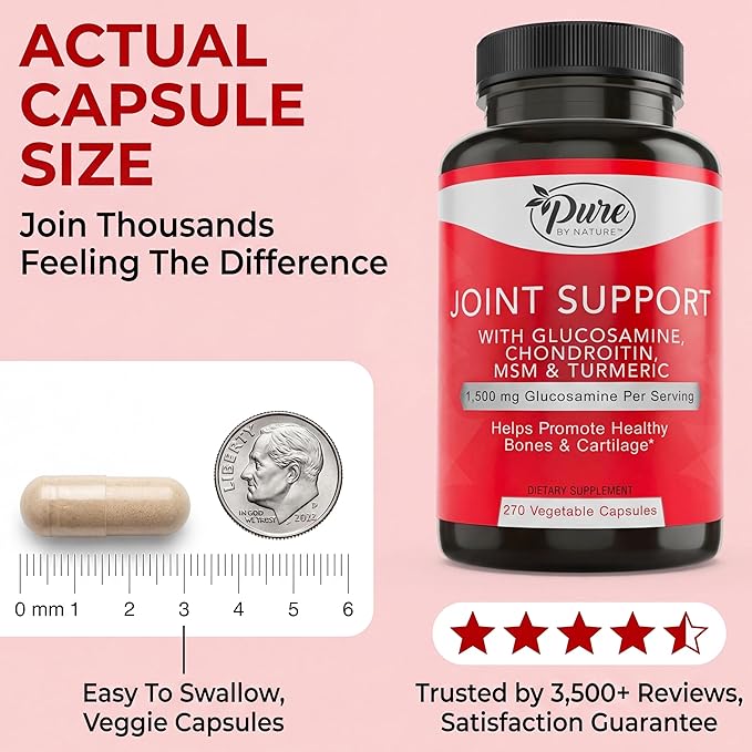 Pure By Nature Joint Support, Glucosamine with Chondroitin Turmeric MSM Boswellia Supplement, 270 Capsules