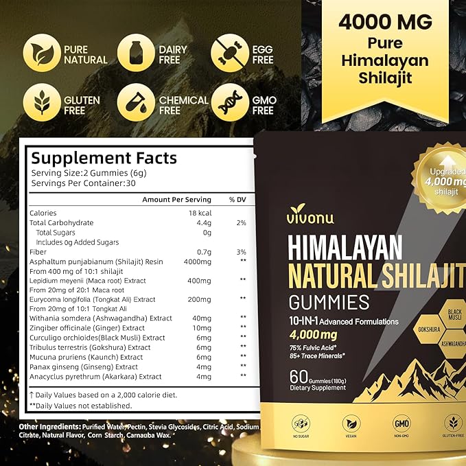 Shilajit* Gummies,Pure Himalayan* micronutrient Supplement, Himalayan Premium Ingredient with Shilajit, Ashwagandha, Gokshura, Fulvic Acid & 85+ Trace Minerals I for Men & Women ((4000MG/1 Bag))