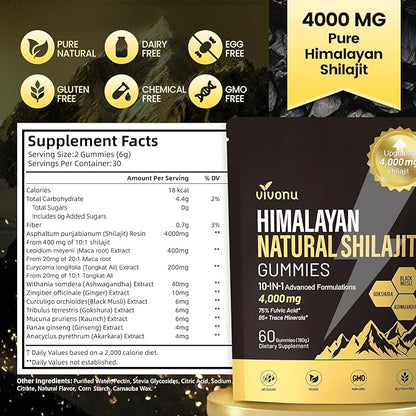 VivoNu Vivnu Shilajit Gummies, micronutrient Supplement, Himalayan Premium Ingredient Shilajit - Ashwagandha, Gokshura, Fulvic Acid & 85+ Trace Minerals 120ct