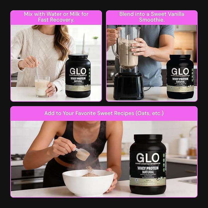 GLO Health Foods Cold-Processed Whey Protein - Vanilla Flavor - 24g Protein per Serving - Whey with Digestive Enzymes & BCAAs - Supports Muscle Growth, Strength & Recovery - 2 LB (28 Servings)